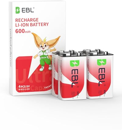 EBL Rechargeable 9V Batteries 9 Volt Li-ion 600mAh Lithium ion Batteries (4-Packs)