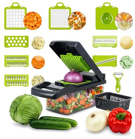 Mandolina Cocina 16 en 1 - Picadora Manual - Cortador Verduras y Patatas - Rallador Multifunción con Contenedor Integrado - Accesorios Incluidos para Preparación Doméstica