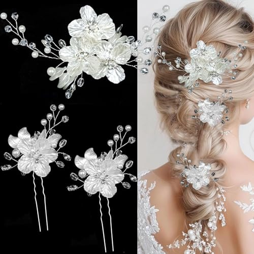Accessori Capelli Sposa 3 Pezzi Fermaglio Capelli Matrimonio Accessori da Sposa Perle e Fiori per Donne, Damigelle, Invitate, Feste, Anniversari (Bianco)