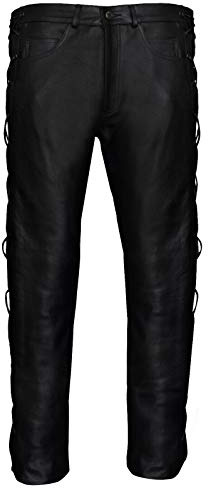 Infinity Leather Jeans Motard en Cuir de Vachette Noir avec Lacets 40