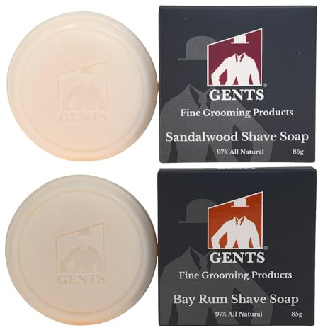 G.B.S Men's Shaving Soap 97% All Natural Enriched With Shea Butter and Glycerin, Creates Rich Lather Form, 3 Oz Each Pack of 2 (1 Sandalwood Round Shaving Soap, 1 Bay Rum Shaving Soap)