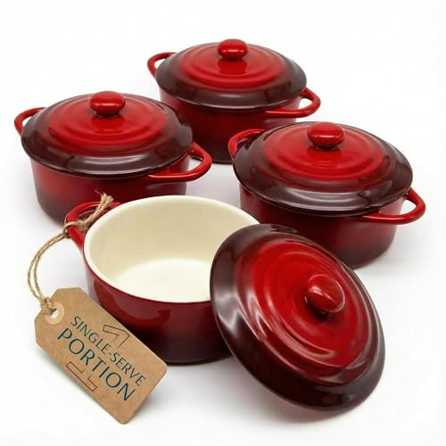 Kook Ceramic Mini Cocotte Set, Small Casserole Dishes with Lids and Handles, Individual Baking Ramekins, Oven, Microwave & Dishwasher Safe, Stoneware, 12 oz, Set of 4, (Crimson Ombre)