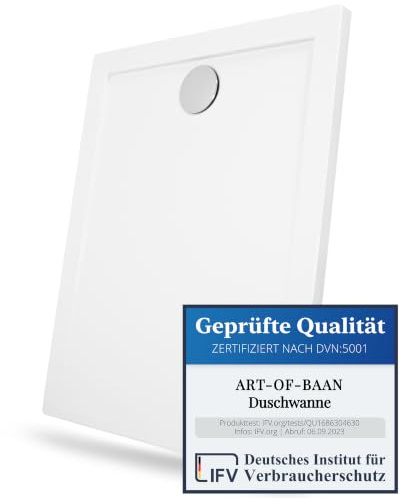 Art-of-Baan Premium duschkar – duschkar för badrum – med DIN-anslutning – platt duschkar inklusive avloppssats – vit – 120 x 90 cm