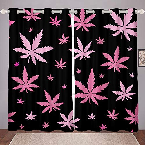 Cortinas de Ventana de Hojas de Marihuana Color Rosa, Hojas de Cannabis, Cortinas de cáñamo botánico, Cortinas de Ventana de Lujo Negro Parade Ventanas, W46 x L72