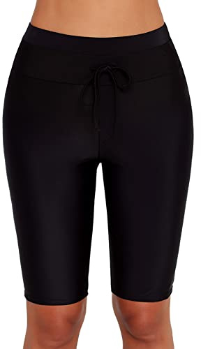 Ejoyous Pantalones Cortos de Baño para Mujer, Pantalones Cortos de Baño UV, Bañadores para Deportes Acuáticos, Pantalones Cortos de Cintura Alta hasta la Rodilla, Ropa de Playa(L-Negro)