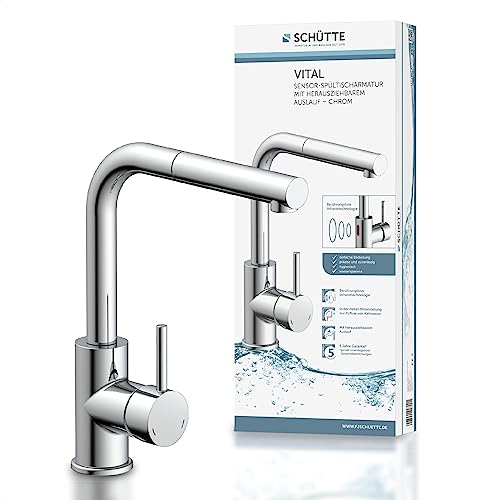SCHÜTTE 99700 VITAL Sensor-Spültischarmatur Küche, Küchenarmatur mit ausziehbarer Brause, automatischer Wasserhahn mit Sensor, Mischbatterie für die Spüle, berührungslose Infrarot-Armatur Chrom