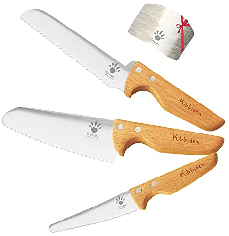 Kibbidea Kids Knife Set for Real Cooking, 4pcs Safe Kitchen Knives for Beginners, Food-grade Stainless Steel Blades for Cutting Chopping, Child First Starter knife, BPA-free (Silver)