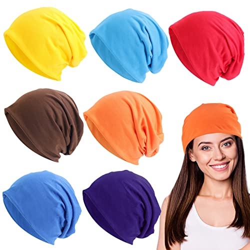 BEROZA 7 piezas Slouchy Beanie Flared Hat, Thin Slouch Beanie Hats Gorro ligero de punto de transición, Slouchy Beanie Hat Night Hair Cap para correr, andar en bicicleta, dormir, quimioterapia