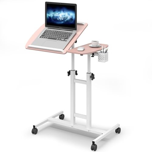 Warmiehomy Rolling Overbed Table with Wheels 58-89cm,Pink | Height Adjustable table with with Tilting Desktop. Rolling Laptop Table with Pen Holder& Mouse Tray for Home Office.