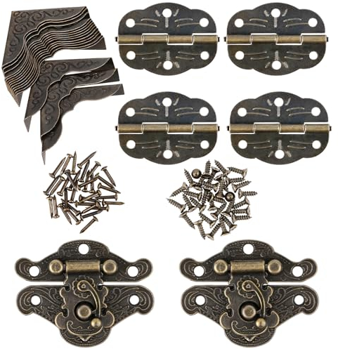 Lot de 96 petits loquets gravés pour boîte en bois, charnières à crochet droit et protections de coins de boîte, charnière vintage en bronze avec vis assorties pour armoire décorative, petite boîte en