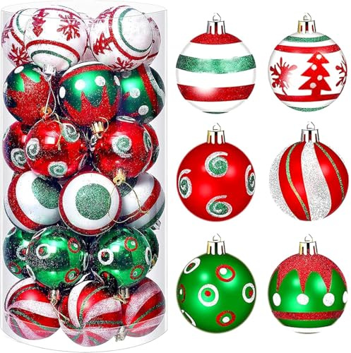 KAHEIGN 30 Pièces Boules de Noël, 6CM Rouge et Vert Ornaments de Boules de Noël Boule à Suspendre Incassables pour Sapin de Noël Vacances Maison Noël Fête Décoration (6 Styles)