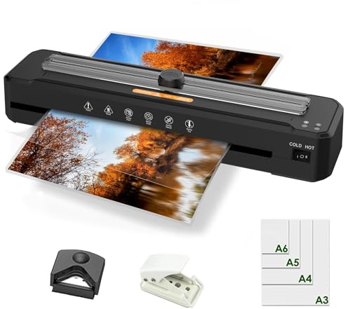 Laminator, Built-in Trimmer A6 A5 A4 A3 Laminator Machine, Thermal & Cold Laminating for Thermal Printed Documents, 20 Pouches + Corner Rounder + Hole Punch for Home Office School Use