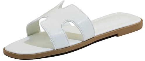 Sandali piatti da donna, pantofole eleganti in pelle da donna, comode scarpe eleganti estive e autunnali con punta aperta e tacco basso, bianco, 36 EU
