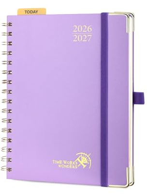 POPRUN Agenda 2026 2027 Semainier A5(21 x 16 cm) D'Août 2026 à Déc 2027 | 17 Mois Planner Vertical Scolaire avec Couverture Rigide Spirale,Avec règle signet,Papier 80g/m²,Violet