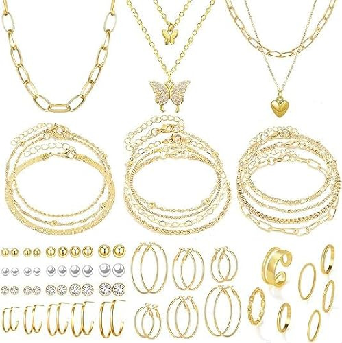 CHarmeFleur 47 Pièces Ensemble de Bijoux en Or Avec 3 Pièces Colliers 11 Pièces Bracelets 20 Pièces Créoles Boucles d'Oreilles 7 Pièces Bagues Set pour Femmes