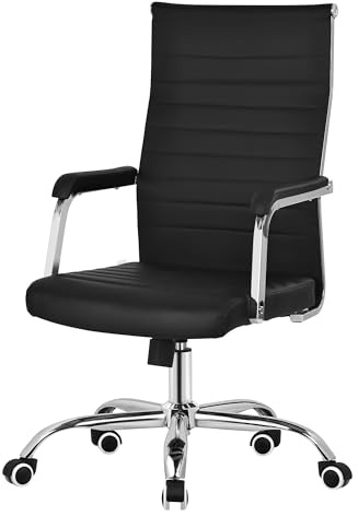 ML-Design Chaise de Bureau Ergonomique Noire en Simili, Réglable en Hauteur avec Accoudoirs, Dossier Inclinable, Base en Acier Chromé avec Roulettes Pivotantes, Fauteuil de Direction, Fonction Bascule