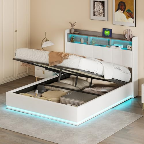 BestAlice - Cama tapizada de matrimonio (160 x 200 cm), cama con almacenamiento hidráulico y espacio abierto en el cabecero, cama juvenil, cama boxspring con LED y estación de carga, estructura de