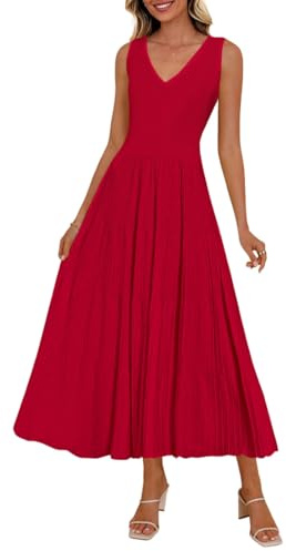 JYIXXZX Vestito Donna Elegante Abito da Sera Senza Maniche con Scollo a V Abiti Lungo Plissettato Linea A Swing Abito da Cocktail per Festa Party