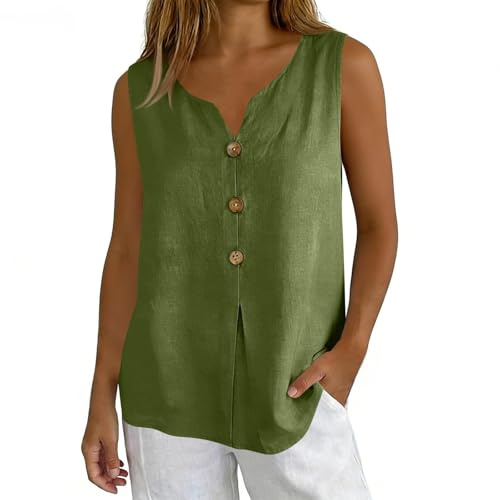 CGGMVCG Women's Summer Linen Vest Ladies Casual Buttons V Neck Sleeveless Tops Loose Fit Blouse Lightweight Tunic Tanks