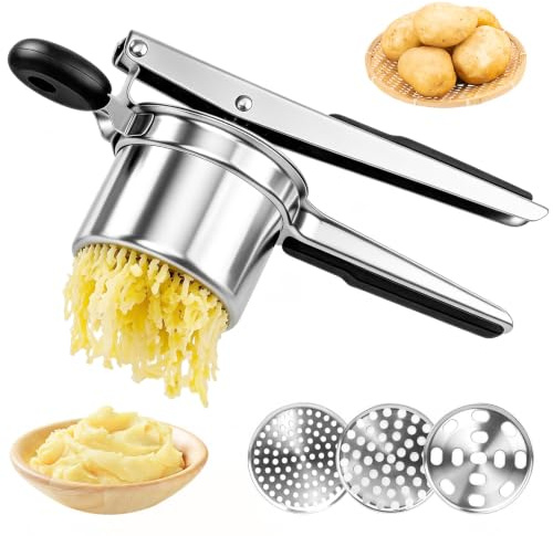 Hxmsuire potatismassare rostfritt stål med 3 utbytbara plattor mångsidig potatispress rostfritt stål Potato Masher med silikonhandtag för potatismos, frukt och grönsaker