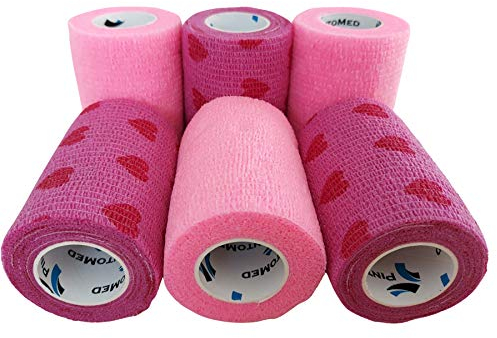 PintoMed Selbstklebender Verband, Gedehnt -3 x Rosa + 3 x Rosa mit Roten Herzen - 7,5cm x 4,5m Rollen Bandagen Haftbandage Fixierbinde Health Pflaster sport tape; Stück Handgelenk Bein Arm vet wrap