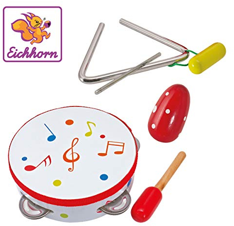 Eichhorn 100003408 - Musik Set enthält Trommel, Triangel, Maraca-Ei, aus Eichenholz