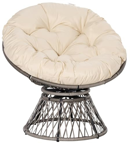 Outsunny Fauteuil Rond de Jardin Fauteuil papasan pivotant Grand Confort Ø 97 x 90H cm Grand Coussin fourni Polyester résine tressée crème