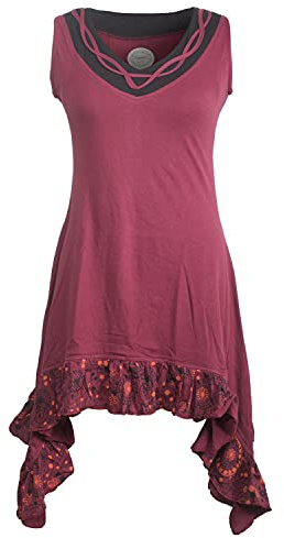 Vishes - Alternative Bekleidung - Armloses Hippie Zipfelkleid aus Baumwolle mit V-Ausschnitt und Rüschen dunkelrot 40