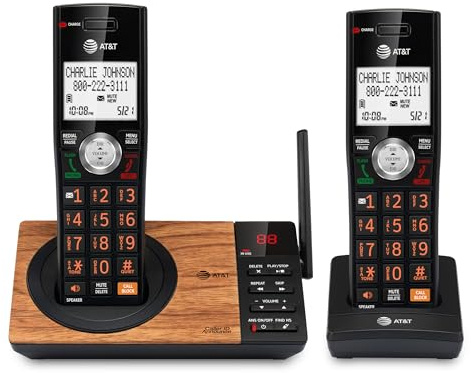AT&T CL82267 DECT 6.0 2-Handset Cordless Phone for Home with Answering Machine, Call Blocking, Caller ID Announcer, Intercom and Long Range, Black & Wood Grain Finish