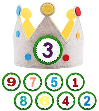 HXHWKEN Corona di compleanno per bambini Corona di Compleanno di Tessuto Corona di stoffa per Ragazzi e Ragazze con Numeri Intercambiabili 0-9 Multicolore,26x21x2.3CM