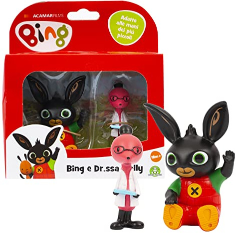 Giochi Preziosi Bing - Coppia di mini personaggi, Bing seduto che saluta e Dott. Molly con la tua cartelletta, adatti per le mani dei più piccoli, per bambini a partire dai 18 mesi, BNG10