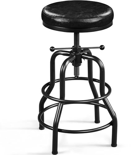 Yaheetech Industrial Height Adjustable Bar Stools Rustic Kitchen Barstool (54.5-71.5 cm) Chairs Round with Faux Leather Seat, Footrest, Stool for Kitchen Counter, Home Bar, Black, 1PCS