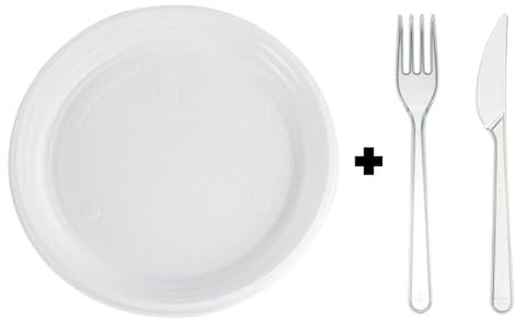 daybays Mehrweg 200Stk. Ungeteilt Plastikteller 200Stk. Plastikgabel 200Stk. Plastikmesser Set Mehrwegteller Plastikbesteck Partygeschirr Plastikgeschirr Set (200, Ungeteilt_Gabel_Messer)