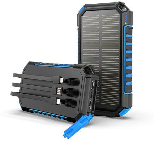Hiluckey Batterie Externe Solaire 27000mAh - Chargeur Solaire Power Bank avec 3 Câbles USB C Charge Rapide, Chargeur Portable avec 3 Ports pour Téléphone Tablette (Bleu)