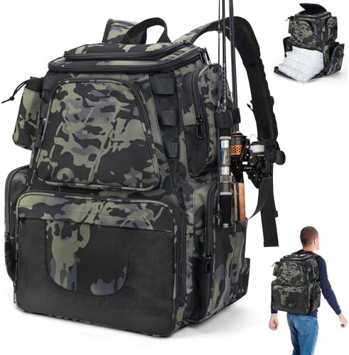 LYtech 38L Angeltasche Angelrucksack Angelrucksäcke mit Rutenhalter für Tackle Boxen Trays Wasserdichter Angeln Aufbewahrungstasche Fisch Carryall Rucksack Militär für Angeln Camping Wandern Radfahren