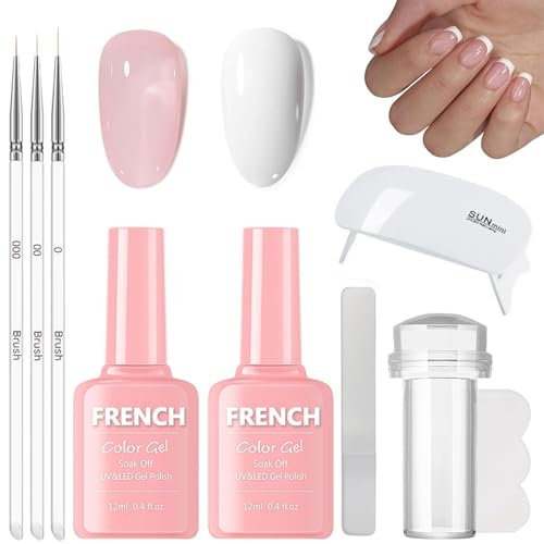 DMQ French Manicure Nail Polish Kit, 2Pcs French Tip Gel Nail Polish Set, White Jelly Pink Gel Polish with UV/LED Lamp, Nail Art Pens, Nail Stamper and File, UV Nail Varnish for Women Nail Art Home