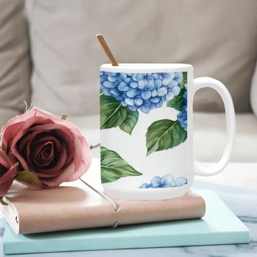 qenuh Blue Flower Hydrangea Ceramic Mugs Coffee Cup Smooth Glaze Finish 15 oz Classic Tea Cup for Hot Drinks, Office/Home Use