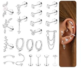 Adramata 23Pcs Helix Piercings Chirurgenstahl Ohrringe Piercing Set Medizinische Ohrstecker Helix Ring Knorpel Ohrringe für Damen Vergoldete Silber Conch Rook Tragus Piercing Ohr Schmuck