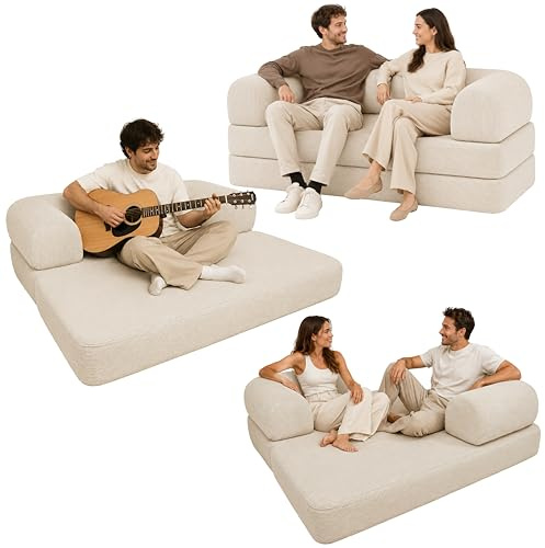 bananair - Canapé Convertible 2 Places Fabriqué en France – Canapé Lit Modulable en Mousse Haute Densité et Tissu Velours Côtelé – Design Innovant Boneless Couch, Expédié Compressé (Écru)