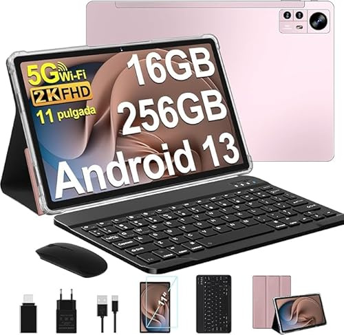 Tablette Android 13 11 Pouces 16GO RAM + 256GO ROM (TF 512GO), 2000 * 1200 Pixels, 8600mAh, 5G WIFI , 2.0GHz, 5 + 13MP, Bluetooth 5.0, Tablette Avec Clavier + Souris + Étui De Protection - Or Rose