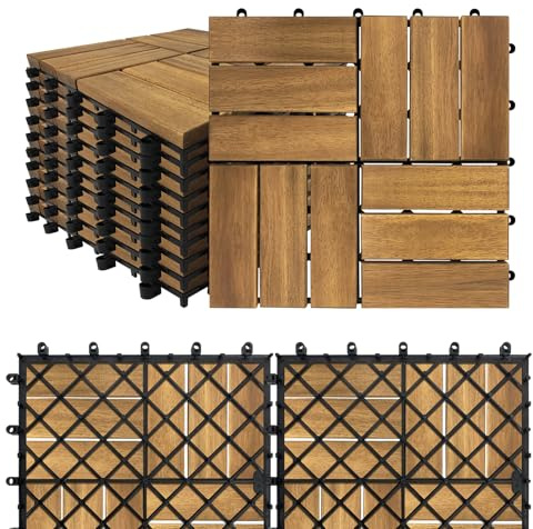 SAILUN 11 Pack Acacia Wood Interlocking Deck Tiles 30x30cm, 1㎡ Wooden Decking Tiles with Click System, Outdoor Floor Tiles for Garden, Patio, Balcony & Terrace (Type B)