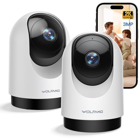 WOLFANG 2K Security Camera Indoor, WiFi Camera 3MP, Pet Dog Camera Baby Monitor with Motion Sound Detection, 360° Rotation, Night Vision, 2-Way Audio, Cloud/SD, Works with Alexa/Google, 2-Pack