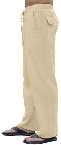 CheChury Homme Pantalons Lin et Coton été Pantalon Léger Décontracté Taille Elastique avec Poches Pants Respirant Detente Pantalon Confortable Chic Couleur Unie