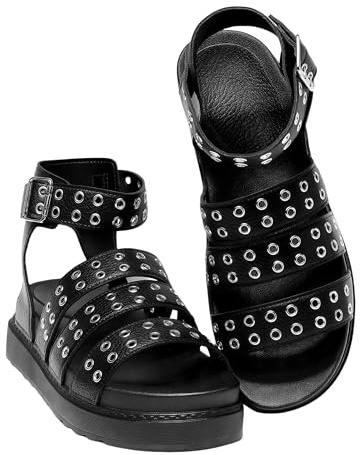 Women's Chunky Platform Sandals, Open Toe Gladiator Style with Eyelet Detail, Chunky Sole Ankle Strap Shoes for Daily & Holiday Wear (BLACK, Adult, Women, 7, Numeric, UK Footwear Size System, Medium)