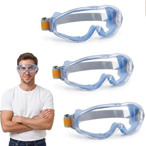 Arbetsglasögon med styrka, 3-pack: Antifogge skyddsglasögon, justerbara dammskyddsglasögon för synskydd, byggarbetsplats, laboratorium & verkstad (blå)