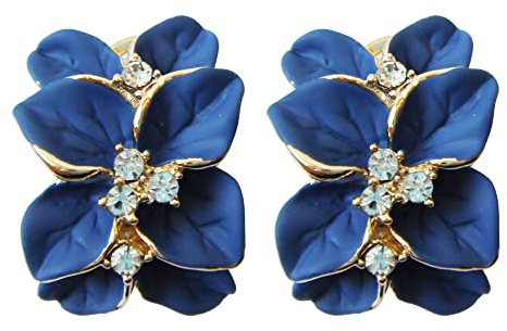 Navachi 18k Gold Plated Crystal Enamel Leaves Flower Omega Earrings