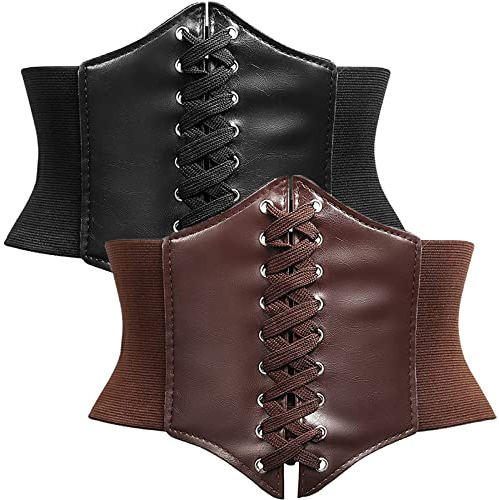 Damen Schnürkorsett 2Stücke Steampunk Korsett Gürtel Retro Breite korsett damen Elastischer Gebundener Waspie Taille Gürtel Breiten Band Hüftgurt Geeignet für Taille 60-84cm(braun)