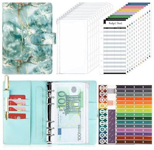 Budget Planner BudgetBinder A6, budgetplanerare, pengar arrangör med mjuk väska, TAOPE Budgetbindare anteckningsbok A6 Cash Stuffing, hushållsbok med sedelfack, budgetplanerarset akvamariner marmor