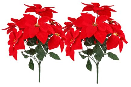 2 bouquet di fiori artificiali rossi a stella di Natale, 48.3 cm, cespugli di seta, decorazioni natalizie, 7 teste di stelo, in velluto, stella di Natale, con stelo, foglia, vacanze, decorazioni