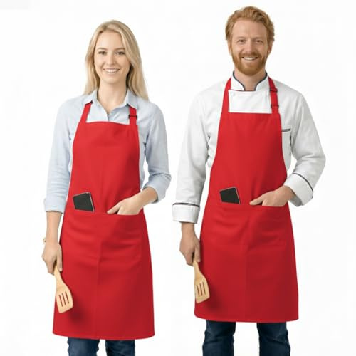 LivinEase Grembiuli da cucina da uomo - Grembiuli da cucina da donna - Grembiuli con pettorina regolabili in confezione da 2 - Grembiuli (Rosso, Pack of 2)